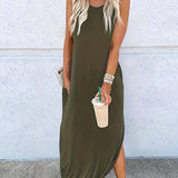 Zjkrl  -  Womens Fashionable Crew Neck Asymmetrical Maxi Dress - Sleeveless & Split Design, Effortlessly Chic for Summer Beach Vacations - A Must-Have Womens Clothing Staple