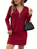 Zjkrl  -  Stylish Women's Solid Color Ribbed Dress - V-Neck, Long Sleeve, High Stretch, Machine Washable, Perfect for Fall/Winter