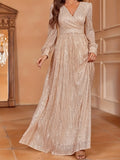 Elegant Sequin V-Neck Maxi Dress with High Waist - Long Sleeve, Floor-Length Evening Gown for Women