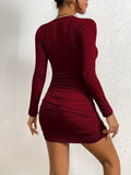 Cut Out Ruched Bodycon Dress, Party Wear Solid Long Sleeve Dress, Women's Clothing
