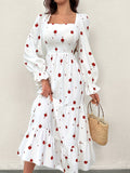 Elegant Women's Floral Print A-line Dress, Long Sleeve Square Neck Ruffle Hem Dress for Spring & Fall