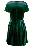 Elegant Velvet Dress - Fitted Solid Waist, Ruffled Hem, Short Sleeves, Classic Crew Neck - Exuding Sophistication, Designed for Womens Clothing