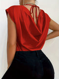 Elegant Micro Elasticity Crew Neck Blouse - Soft Polyester Draped Tie Back Shirt for Spring & Summer - Womens Solid Color Short Sleeve Shirting with Elegant Style