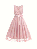 Stunning Floral Embroidered A-Line Tank Dress - Elegant Surplice Neck Sleeveless Party Dress for Women - Perfect for Banquet, Wedding, and Formal Occasions with Tie Waist Detail