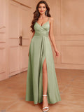 Zjkrl  -  Elegant V-Neck Sleeveless Maxi Dress with Side Slit - Sexy One-Shoulder Design for Weddings & Parties, Polyester, Machine Washable