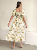 Charming Floral Print Square Neck Aline Dress - Flirty Short Sleeves with Ruffle Trim, Timeless Style for Spring & Summer - Feminine, Elegant Womens Clothing