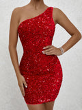 Glittering Sequined One Shoulder Bodycon Dress - Flattering Slim Fit for Nightlife & Parties - Fashionable Womens Mini Dress