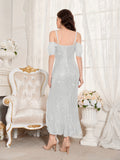 Elegant Off-Shoulder Sequin Dress with Ruffle Hem and Asymmetrical Split - Polyester, V-Neck, Mid-Length for Women