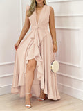 Sleeveless Deep V Neck Fit and Flare Maxi Dress - Elegant Solid Color Polyester Asymmetrical High Waist Dress for Women - Perfect for Summer Middle East Style Elegant Dressing
