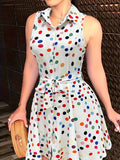Chic Abstract Print Sleeveless Dress - Flattering Button Front & Tie-waist Detail - Stylish Lapel Collar - Ideal for Spring & Summer - Trendy Womens Clothing