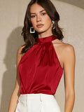 Chic Mock Neck Pleated Solid Tank Top - Women's Elegant Sleeveless Tank - Spring & Summer Essential, Back Knot Detail, Flowy Relaxed Fit, Soft Fabric, Perfect for Casual Wear