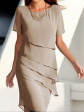 Layered Trim Crew Neck Dress, Elegant Short Sleeve Dress For Spring & Summer, Women's Clothing
