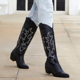 Western Cowboy Embroidery Women Knee High Boots Country Concert Disco Chunky Heel Pointed Toe Cowgirl Long Boots Vintage Retro Woman Shoes