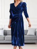Plus Size Ruched Velvet Dress - Elegant Surplice Neck, Flattering Silhouette, Comfortable Women's Clothing for Special Occasions