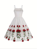 Vintage-Inspired Fitted Cocktail Dress - Elegant Spaghetti Strap, Floral Embroidery, Knit Fabric, Mesh Overlay, 100% Polyester, All-Season Wear, Embroidered, Fitted Silhouette, Comfortable, Party-Perfect - Ideal for Women's F