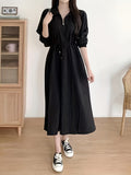 Stylish Solid Color Tie Waist Midi Dress - Women's Long Sleeve Pocket Dress for Spring & Fall - Korean Inspired, Zip Up Collared, Comfortable and Versatile Clothing for Ladies