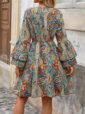 Vibrant Paisley Print V Neck A-Line Dress - Women's Elegant Vacation Dresses with Layered Sleeves