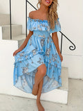 Floral Print Dipped Hem Dress, Vacation Off Shoulder Ruffle Trim Dress, Women's Clothing