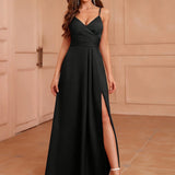 Zjkrl  -  Elegant V-Neck Sleeveless Maxi Dress with Side Slit - Sexy One-Shoulder Design for Weddings & Parties, Polyester, Machine Washable