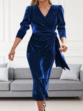 Plus Size Ruched Velvet Dress - Elegant Surplice Neck, Flattering Silhouette, Comfortable Women's Clothing for Special Occasions
