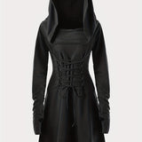 Zjkrl  -  Gothic Hooded Cosplay Dress, Long Sleeve Dress For Halloween, Party, Performance, Women's Clothing