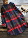 Casual Plaid Print Tunic Dress - Crew Neck, Long Sleeve, Chest Pocket, Cotton Blend, No Elasticity, All-Season Wear for Women
