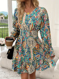 Paisley Print V-neck Vintage Dress, Shirred Waist Ruffle Hem Swing Dress For Spring & Fall, Women's Clothing