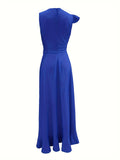 Sleeveless Deep V Neck Fit and Flare Maxi Dress - Elegant Solid Color Polyester Asymmetrical High Waist Dress for Women - Perfect for Summer Middle East Style Elegant Dressing
