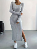 Zjkrl  -  Long Sleeve Bodycon Ribbed Knit Dress - Sexy Crew Neck Split Thigh Slim Fit with Mid Elasticity - Machine Washable Polyester Fabric for Fall/Winter Season