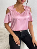 Lace Splicing Cold Shoulder Blouse, Elegant Flutter Sleeve V-neck Blouse For Spring & Summer, Women's Clothing