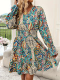 Paisley Print V-neck Vintage Dress, Shirred Waist Ruffle Hem Swing Dress For Spring & Fall, Women's Clothing