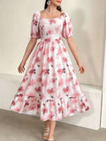 Charming Floral Print Square Neck Aline Dress - Flirty Short Sleeves with Ruffle Trim, Timeless Style for Spring & Summer - Feminine, Elegant Womens Clothing