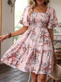 Charming Floral Print Dress with Adjustable Shirred Waist - Chic Short Sleeve Square Neck Design for Women - Perfect Casual Style
