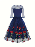 Vintage Chic Rose Embroidered Cocktail Dress - Fitted, Crew Neck, Tea-Length, 100% Polyester Knit Fabric, Elegant 50s Style, All-Season Wear, Embroidery Floral Pattern, High-Quality Stitching, Comfortable Fit, Ideal for Forma