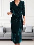 Plus Size Ruched Velvet Dress - Elegant Surplice Neck, Flattering Silhouette, Comfortable Women's Clothing for Special Occasions
