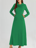 Elegant Long Sleeve Maxi Fit and Flare Dress with Pockets - Soft High Elasticity Polyester Fabric, Solid Color, Cowl Neck, Comfortable for All Seasons - Womens Everyday Wear