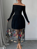 1pc Elegant Off-Shoulder Floral Embroidery Mesh Panel Summer Dress for Women, Polyester Knit Fabric, All-Season Fashion