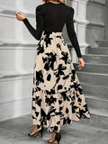 1pc Vintage Style Women'S Long Knit Dress with Floral Print and Contrast Color Puff Sleeves, Round Neck, Polyester, Loose Fit Skirt, Two-Tone Design for Autumn/Winter