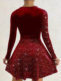 Stunning Solid Contrast Sequin Mini Dress - Elegant V Neck Long Sleeve Dresses for Women - Sparkling Evening Wear with Flattering Fit and Chic Design