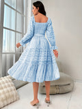 Flattering Argyle Print Midi Dress with Shirred Detail - Timeless Elegance for Parties - Long Sleeve, Chic Style - Perfect Womens Clothing for Special Occasions