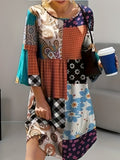 Plus Size Boho Dress, Women's Plus Paisley & Scarf Print Bell Sleeve Round Neck Dress