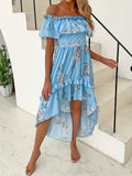 Floral Print Dipped Hem Dress, Vacation Off Shoulder Ruffle Trim Dress, Women's Clothing