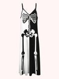Zjkrl  -  Vibrant Color Block Skeleton Print Spaghetti Strap Cami Dress - Women's Sleeveless Casual Dresses with Relaxed Fit and V-Neckline - Perfect for Summer and Outdoor Activities
