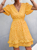 Women's Dresses Women's Polka Dot Dress Ruffle Sleeves Boho Pleated Swing Blouse Vacation Dresses