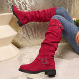 Trendy Solid Color Boots - Knee-High, Buckle Belt, Pull On, Chunky Heel, High Knee, Winter, Round Toe, Slouchy, Comfortable Boots for Women