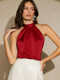 Chic Mock Neck Pleated Solid Tank Top - Women's Elegant Sleeveless Tank - Spring & Summer Essential, Back Knot Detail, Flowy Relaxed Fit, Soft Fabric, Perfect for Casual Wear