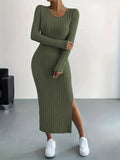 Zjkrl  -  Long Sleeve Bodycon Ribbed Knit Dress - Sexy Crew Neck Split Thigh Slim Fit with Mid Elasticity - Machine Washable Polyester Fabric for Fall/Winter Season