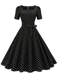 Summer Vintage Chic Polka Dot Dress – Elegant Square Neck, Knee-High with Belt, Breathable Cotton Blend – Easy Care