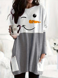 Zjkrl  -  Plus Size Christmas Dress - Adorable Festive Snowman Print Long Sleeve Round Neck Tee Dress with Convenient Pockets for Curvy Women