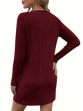 Women'S Solid Color Ribbed Dress, Polyester, Deep V-Neck, Knit Fabric, Fitted, Adult, Autumn/Winter Fashion, Casual Style